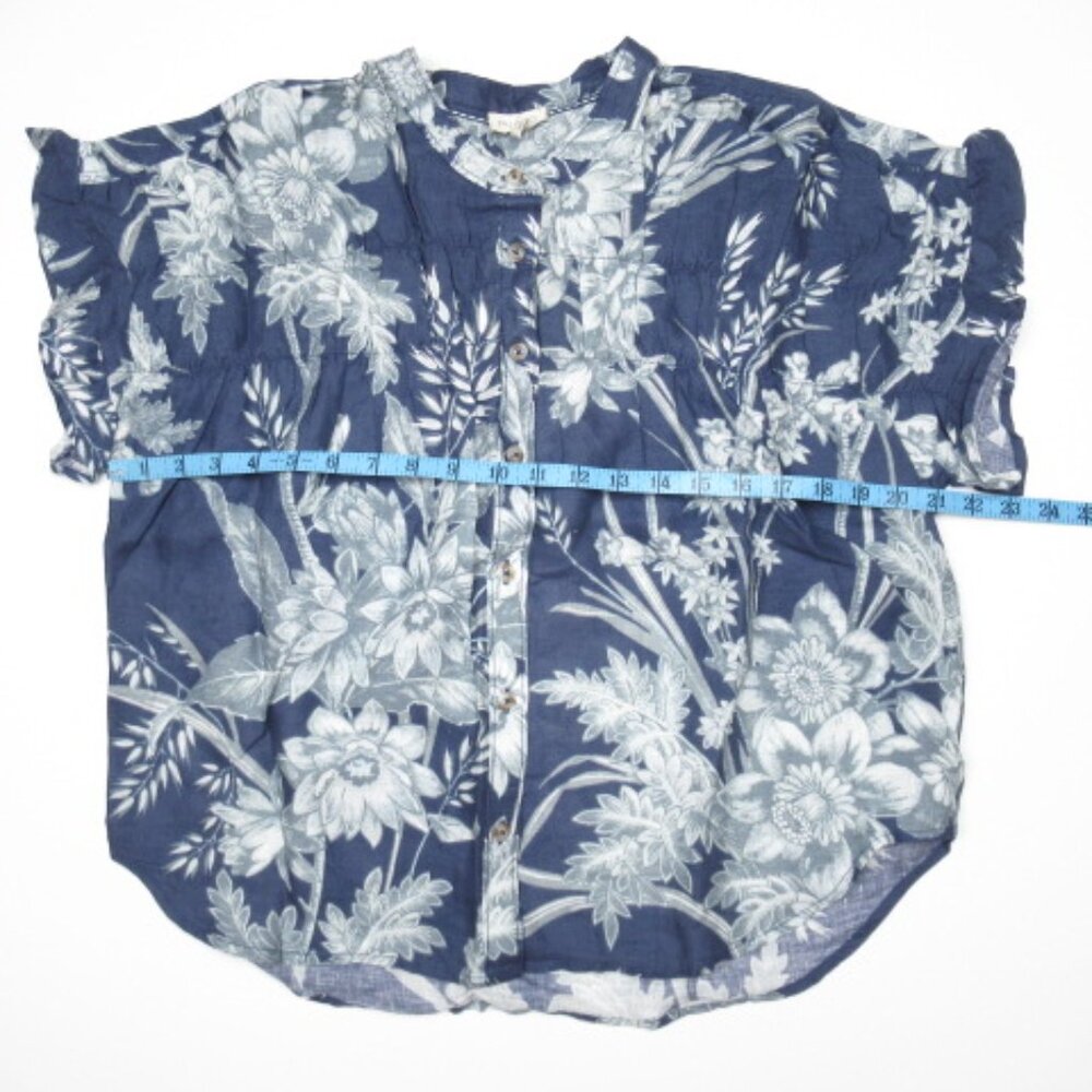 Anthropologie Pilcro Short-Sleeve Smocked Linen Buttondown Blouse Blue M - Picture 5 of 12